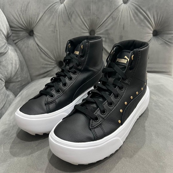 Puma Other - Puma Kaia Mid Studs Sneakers Youth 5.5 Black Gold Platform High Top 390483-01